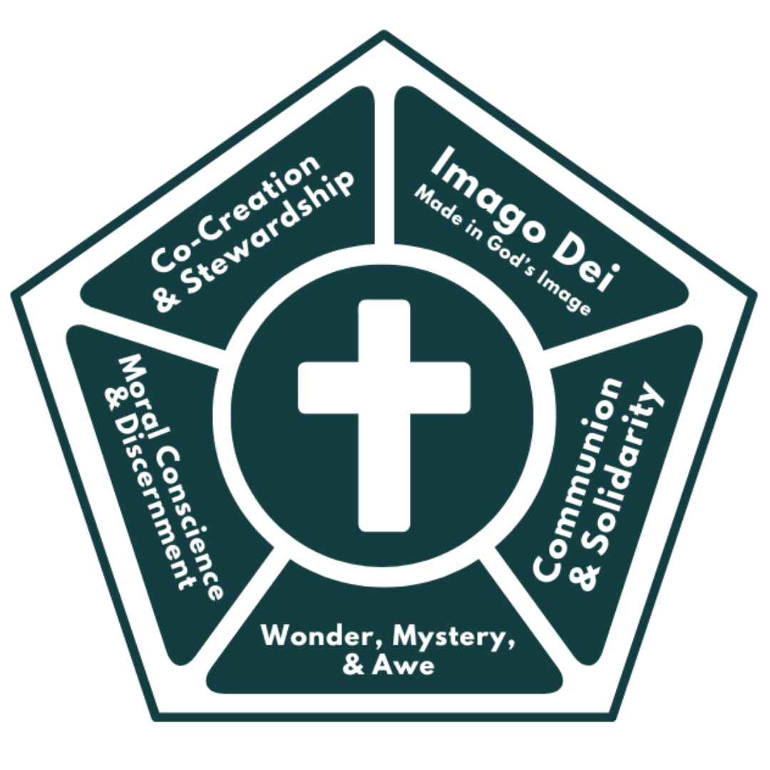 pentagon shape with words and description of Catholic Companion Framework