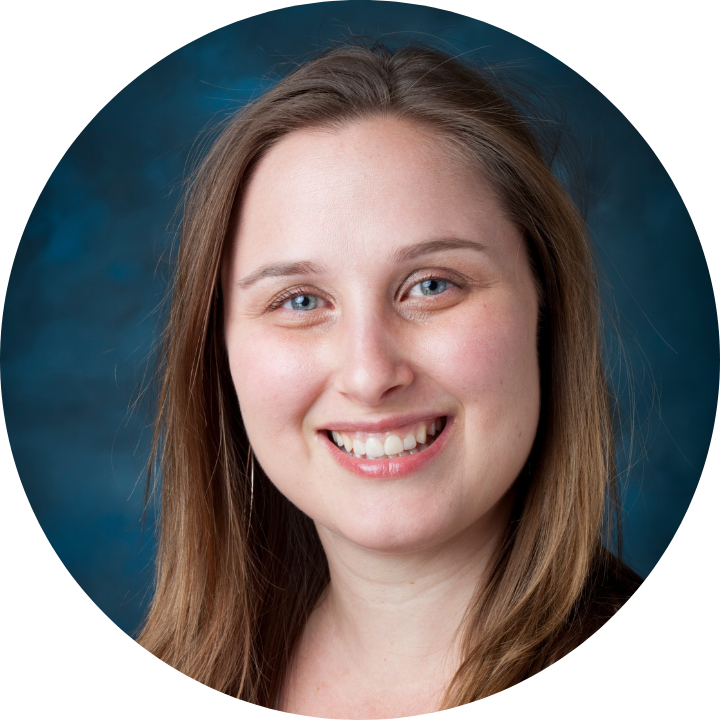 circular headshot of a woman on a blue background