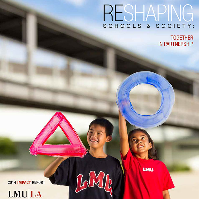 Two students wearing LMU branded clothes painting shapes with their hands with the title Reshaping Schools and Society