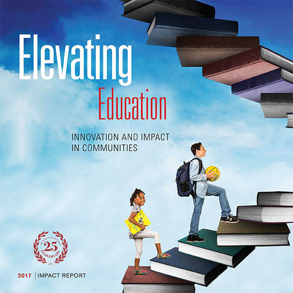 Two students walking up a staircase made of books with the title Elevating Education