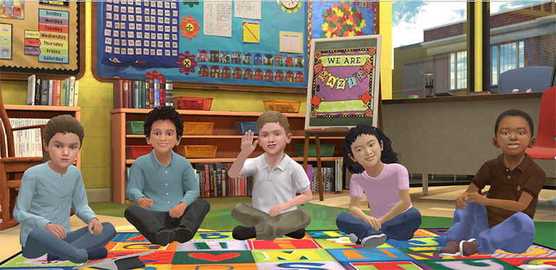 virtual reality image of K students sitting on a floor in a classroom as part of a Mursion simulation
