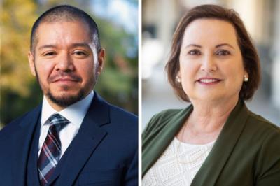 composed photo of two headshots of a man and a woman